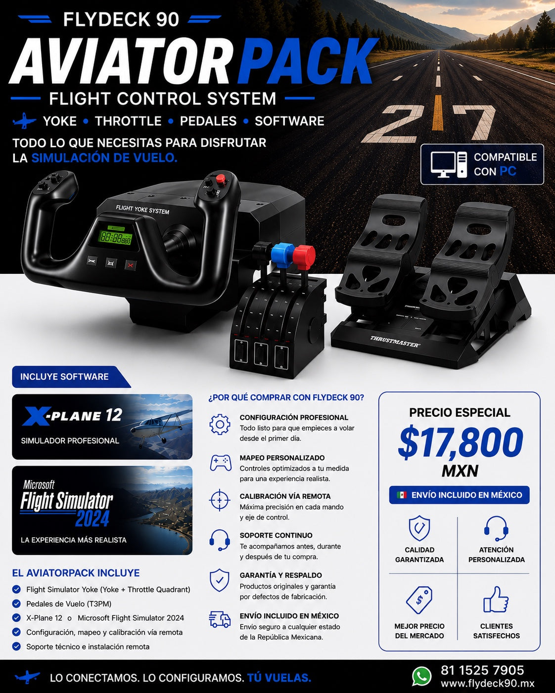FlyDeck 90 AviatorPack con yoke, throttle quadrant, pedales y software de simulación