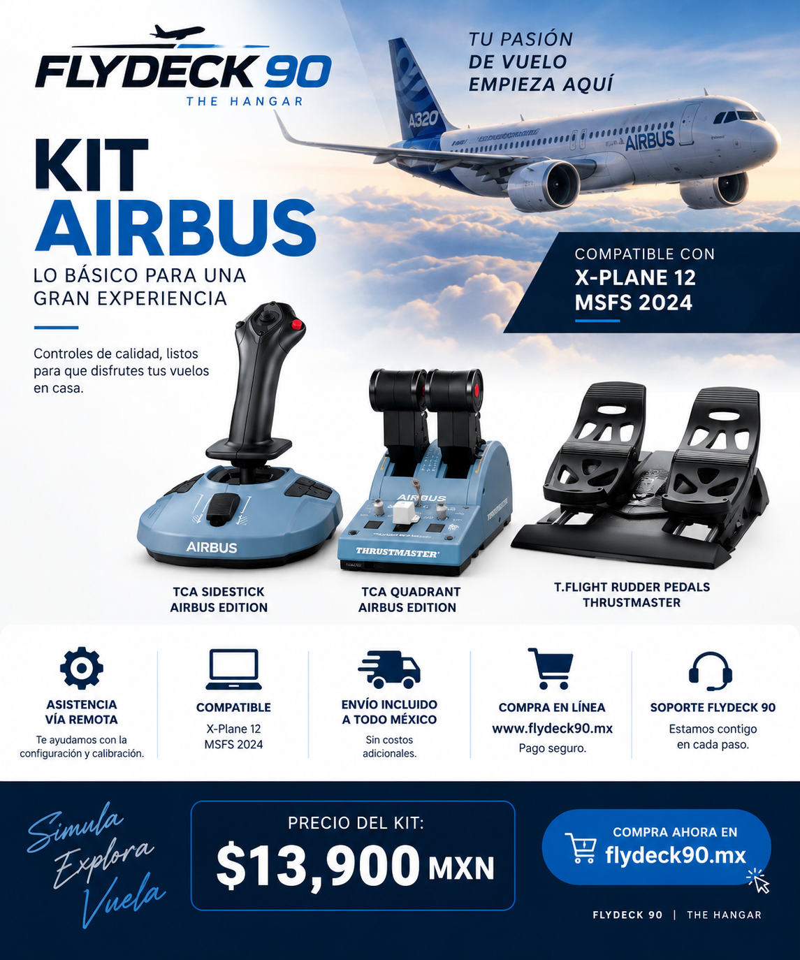 Kit Airbus FlyDeck 90 con sidestick, throttle y pedales